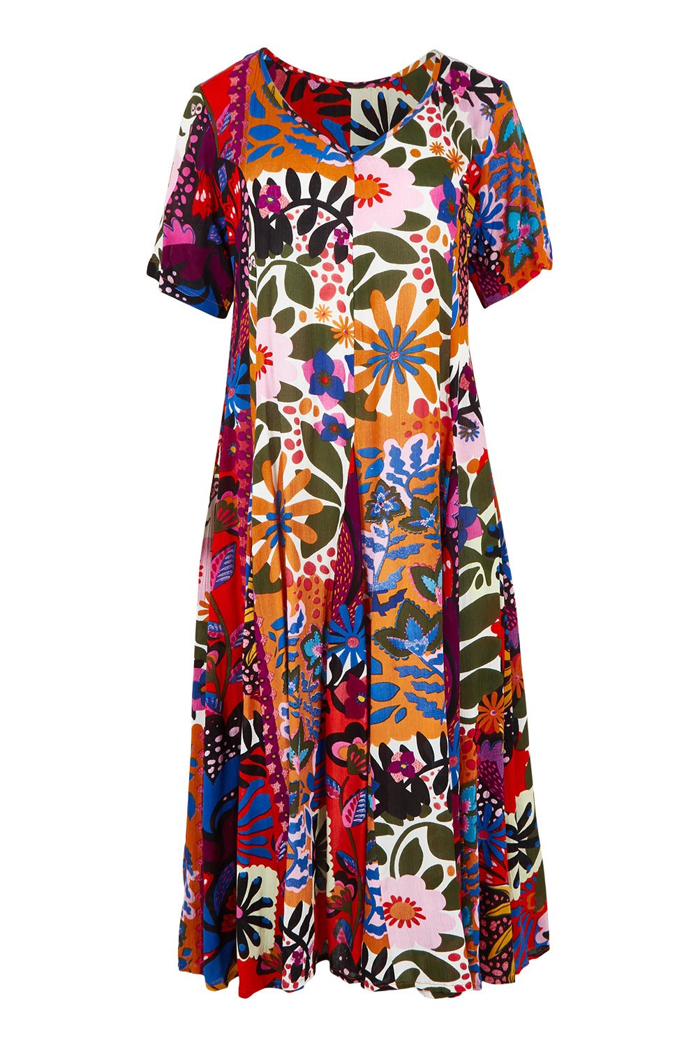 Product shot of the Salvador Short Sleeve Godet Dress in colour Print, from the front