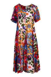 Product shot of the Salvador Short Sleeve Godet Dress in colour Print, from the front