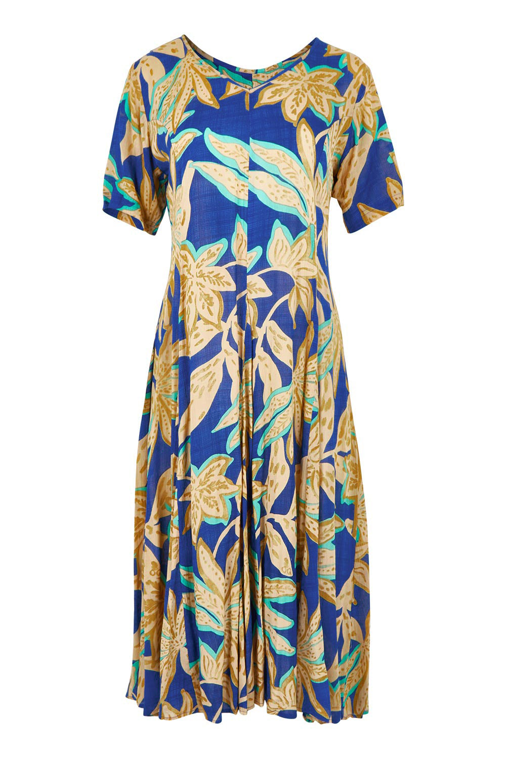 Product shot of the Short Sleeve Godet Dress in colour Blue, from the front
