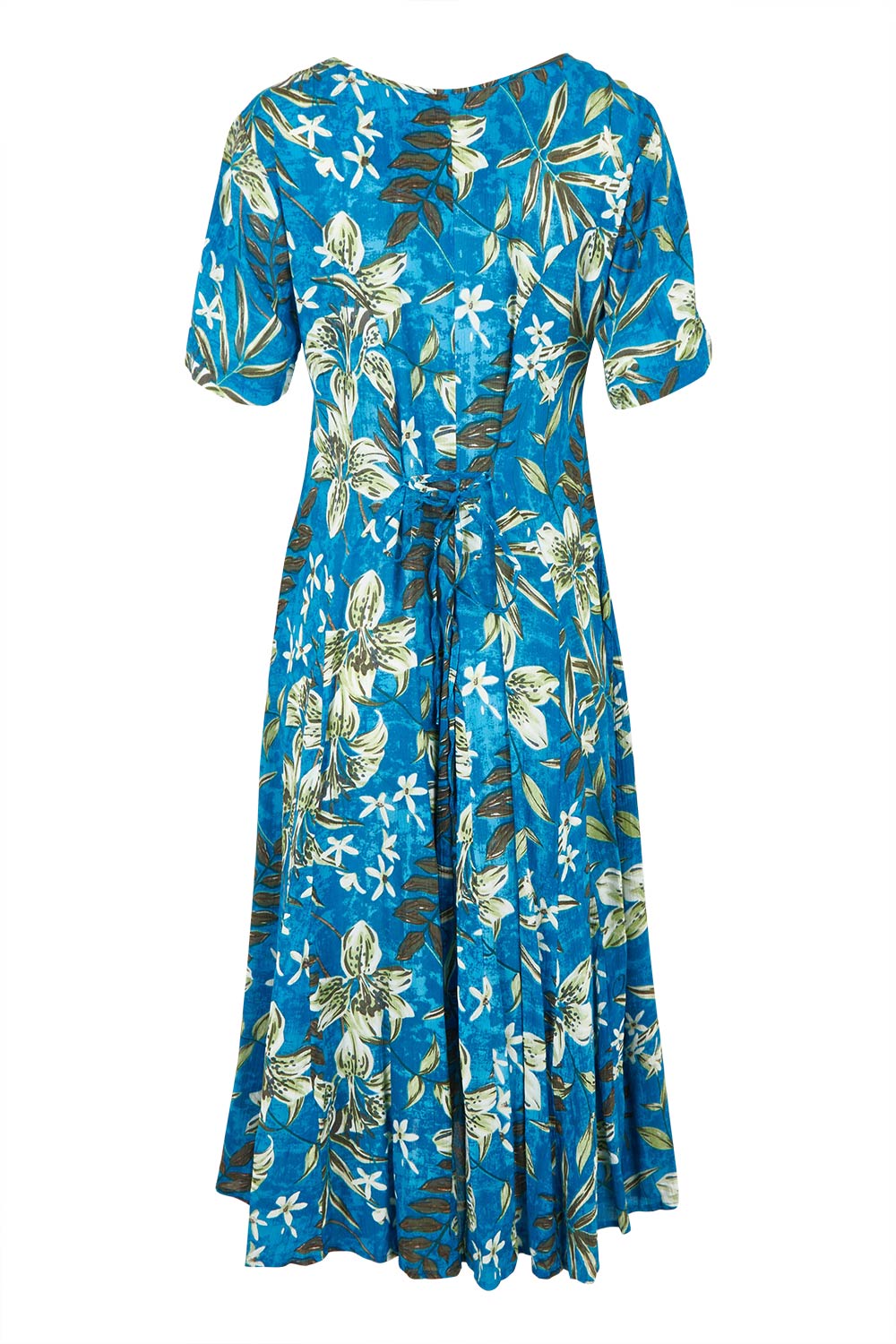 Product shot of the Short Sleeve Godet Dress in colour Miramar, from the back