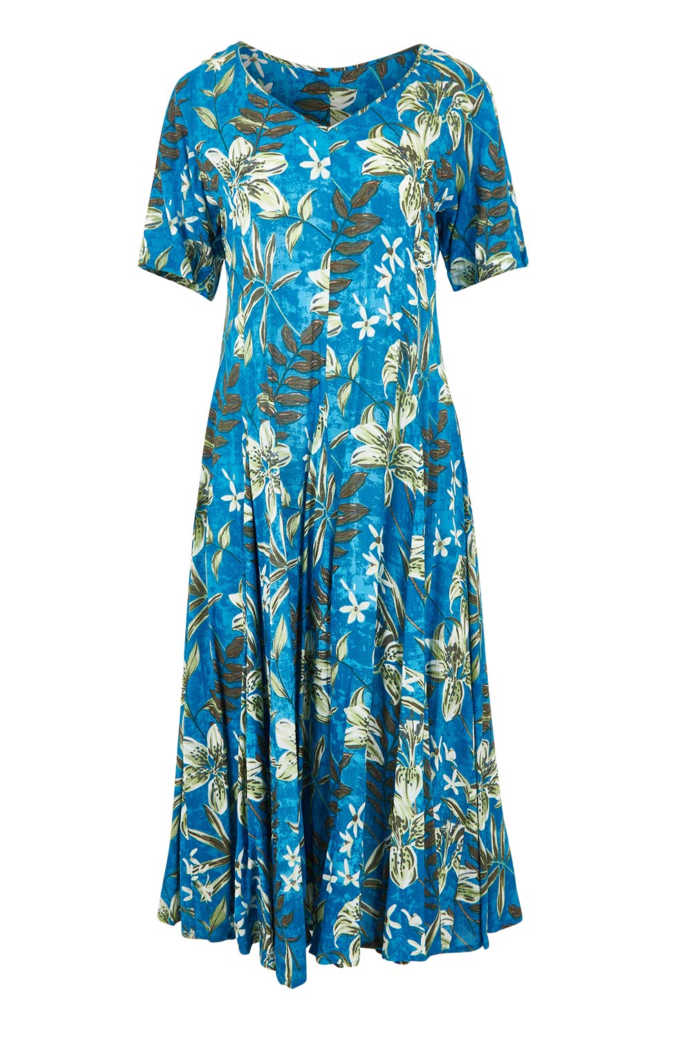 Product shot of the Short Sleeve Godet Dress in colour Miramar, from the front