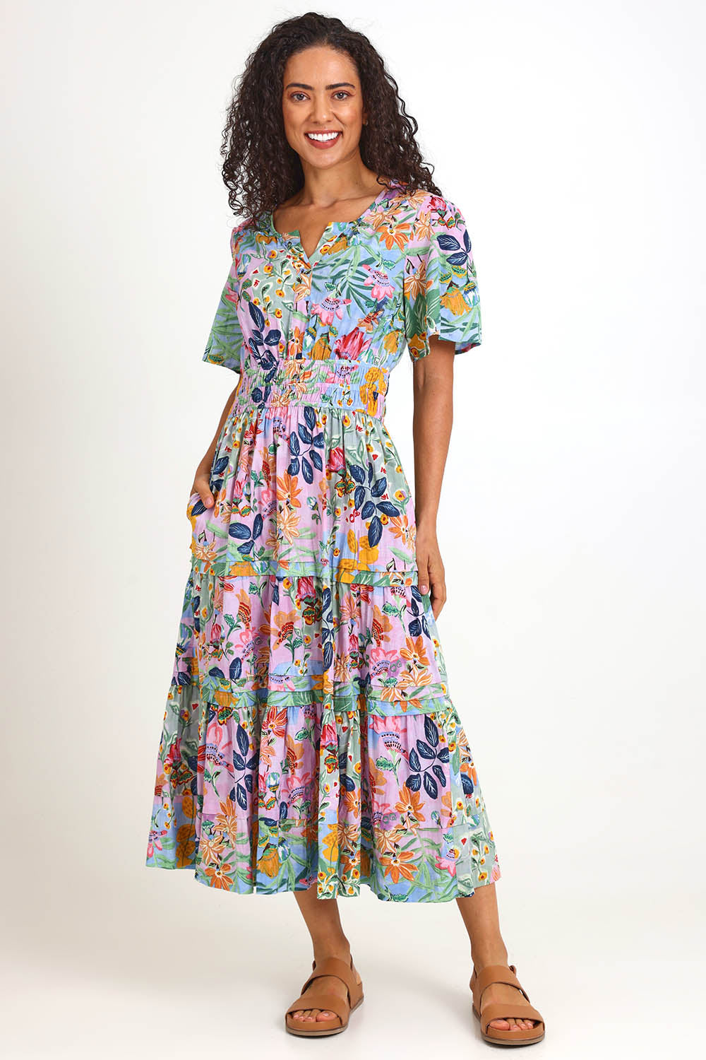 Model Pamelar wearing size 10 of the Short Sleeve Maxi Dress – Print in colour Print, from the front