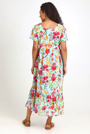 Model Pamelar wearing size 10 of the Square Neckline  Midi Dress – Print in colour Print, from the front