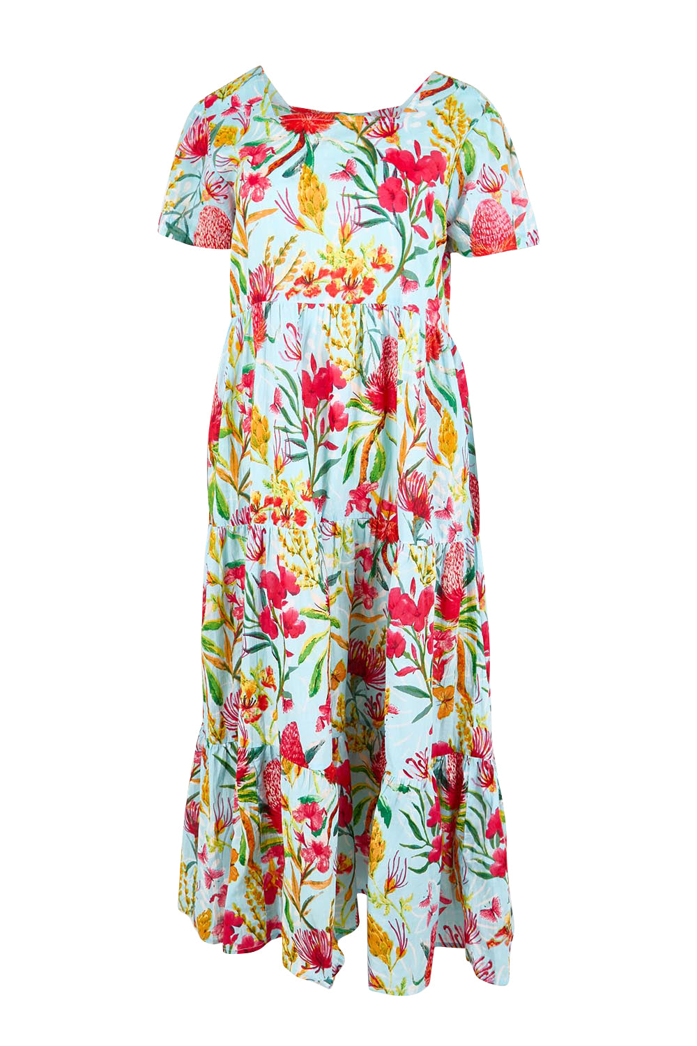 Product shot of the Square Neckline  Midi Dress – Print in colour Print, from the front