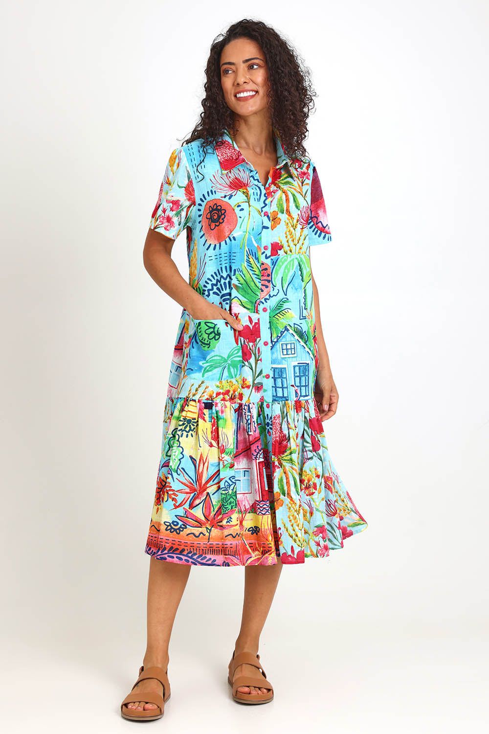 Model Pamelar wearing size 10 of the Long Patch Dress – Print in colour Print, from the front