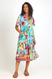 Model Pamelar wearing size 10 of the Long Patch Dress – Print in colour Print, from the front