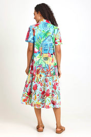 Model Pamelar wearing size 10 of the Long Patch Dress – Print in colour Print, from the front