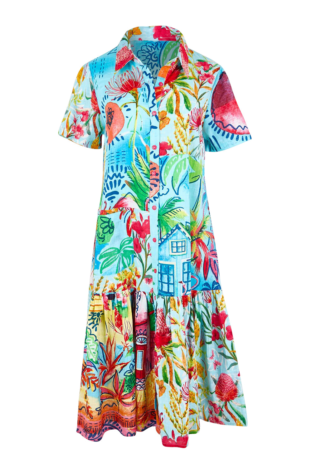 Product shot of the Long Patch Dress – Print in colour Print, from the front