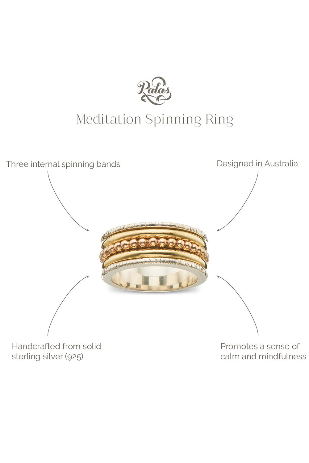 Product shot of the Medium Meditation Spinning Ring in colour Meditation (Metallics), detail