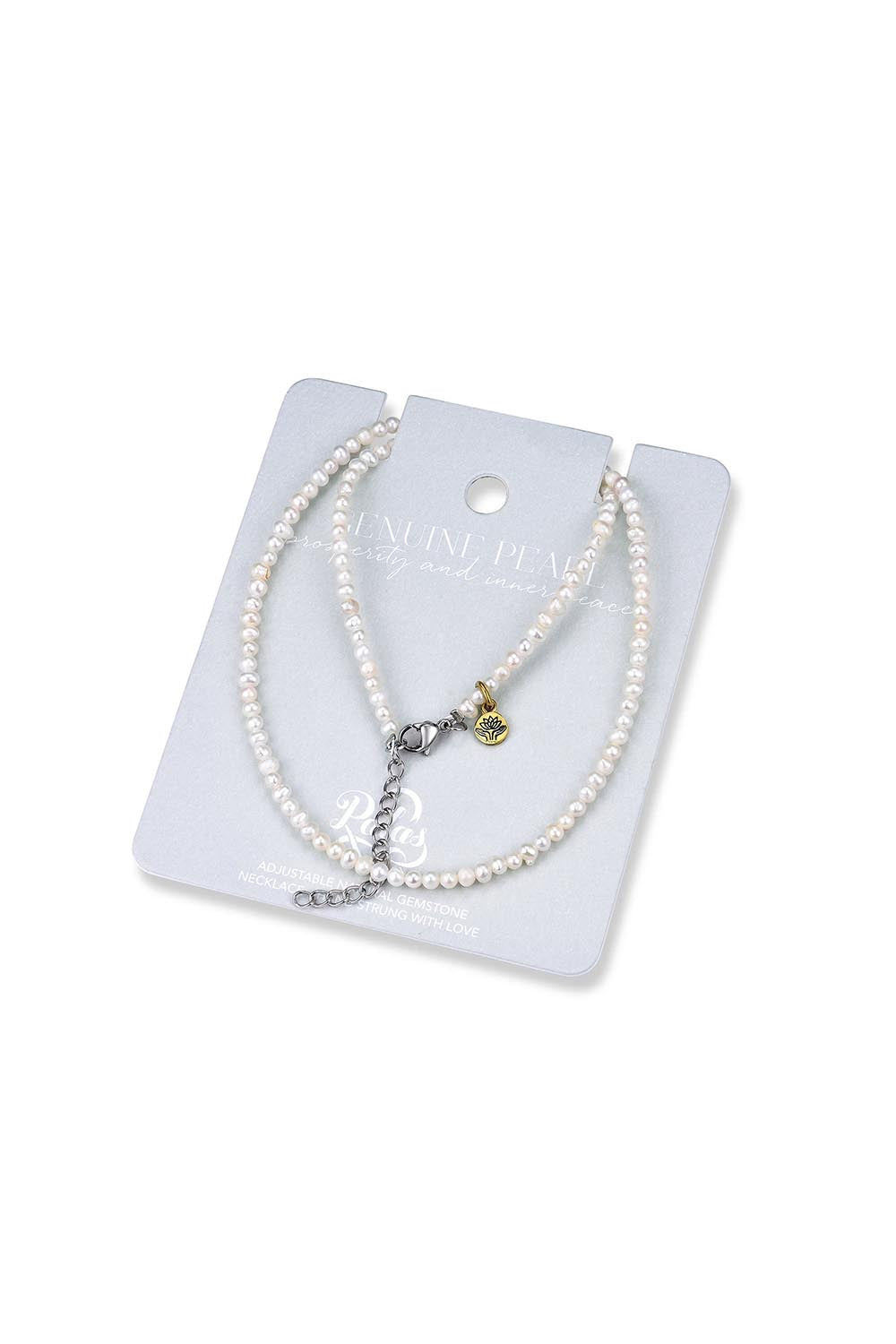 Product shot of the Healing Gems Classics Necklace - Pearl in colour Pearl, from the back