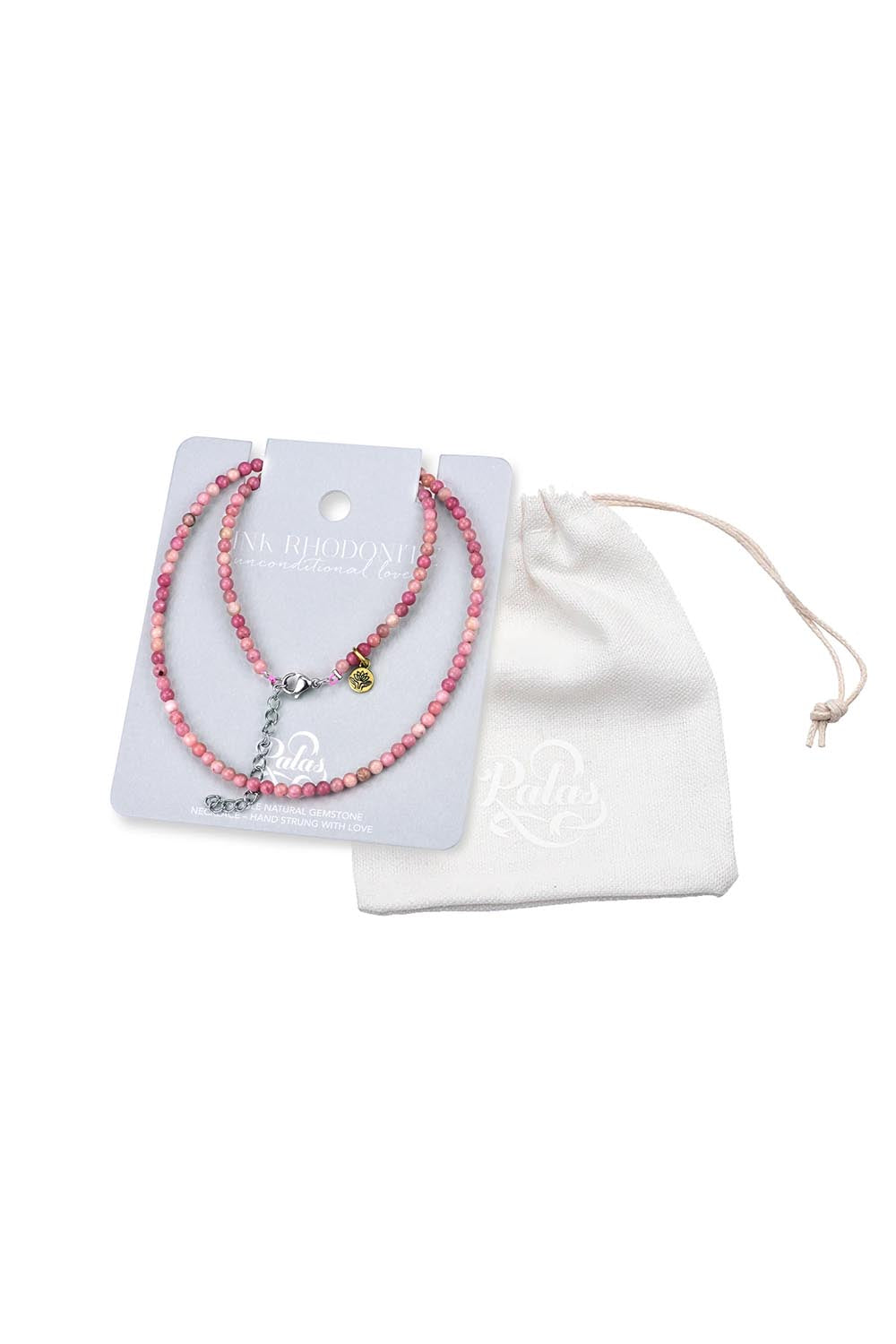 Product shot of the Healing Gems Classics Necklace - Rhondonite in colour Rhondonite, showing detail