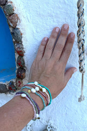 Product shot of the Luna Pearl Bracelet - Rosequartz in colour Rosequartz, from the back