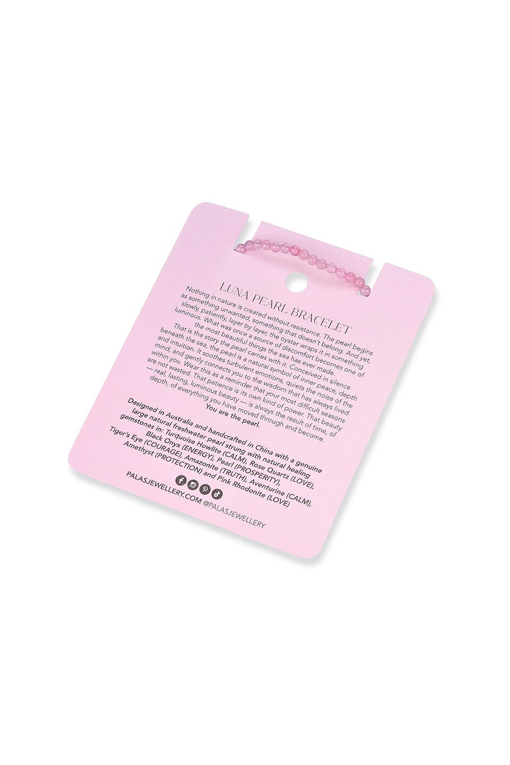 Product shot of the Luna Pearl Bracelet - Rosequartz in colour Rosequartz, showing detail