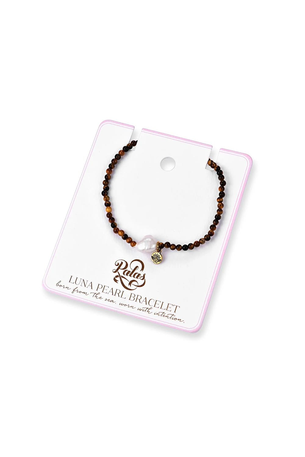 Product shot of the Luna Pearl Bracelet - Tigerseye in colour Tigerseye, from the back