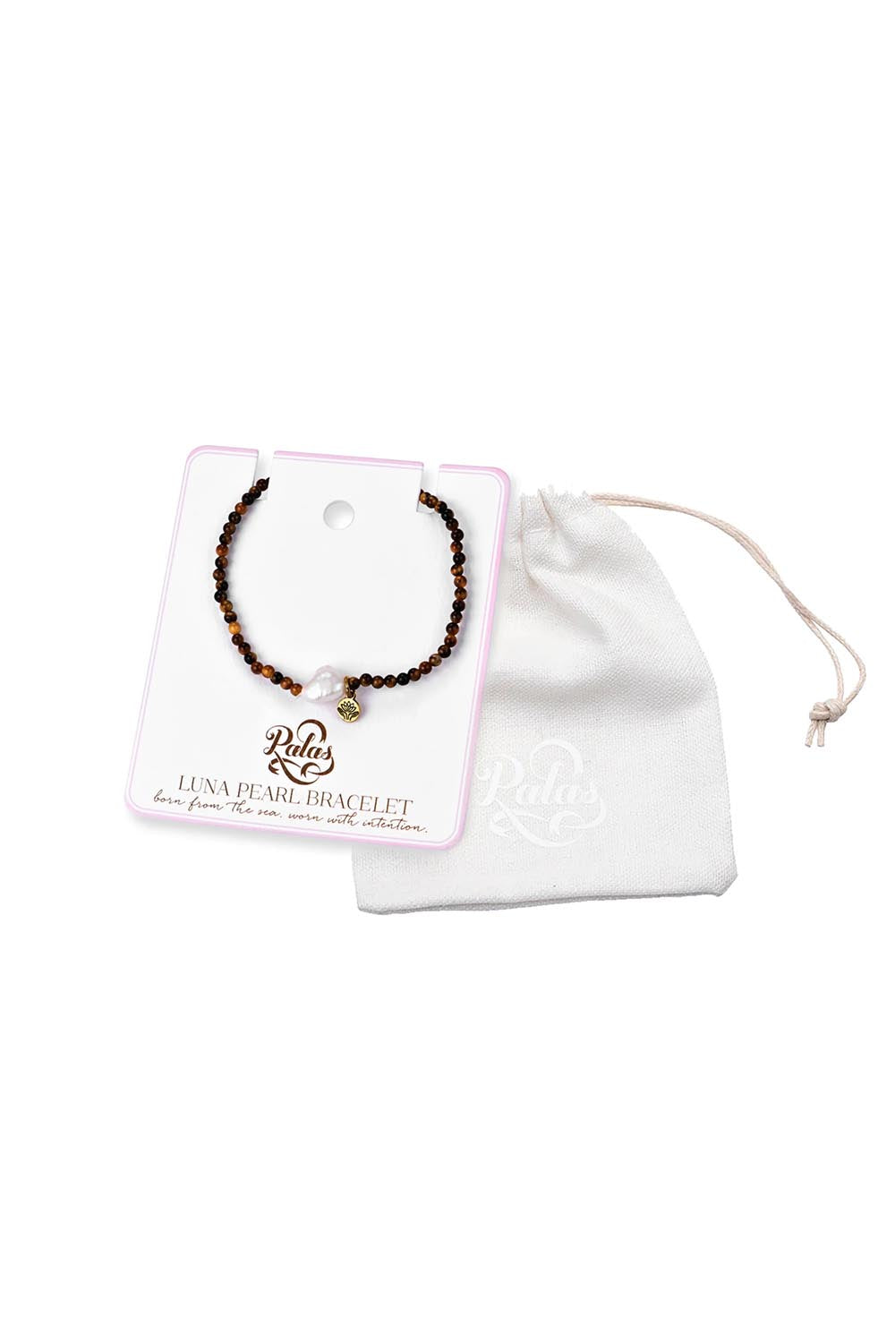 Product shot of the Luna Pearl Bracelet - Tigerseye in colour Tigerseye, showing detail