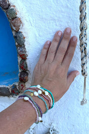 Product shot of the Luna Pearl Bracelet - Turquoise in colour Turquoise, from the front