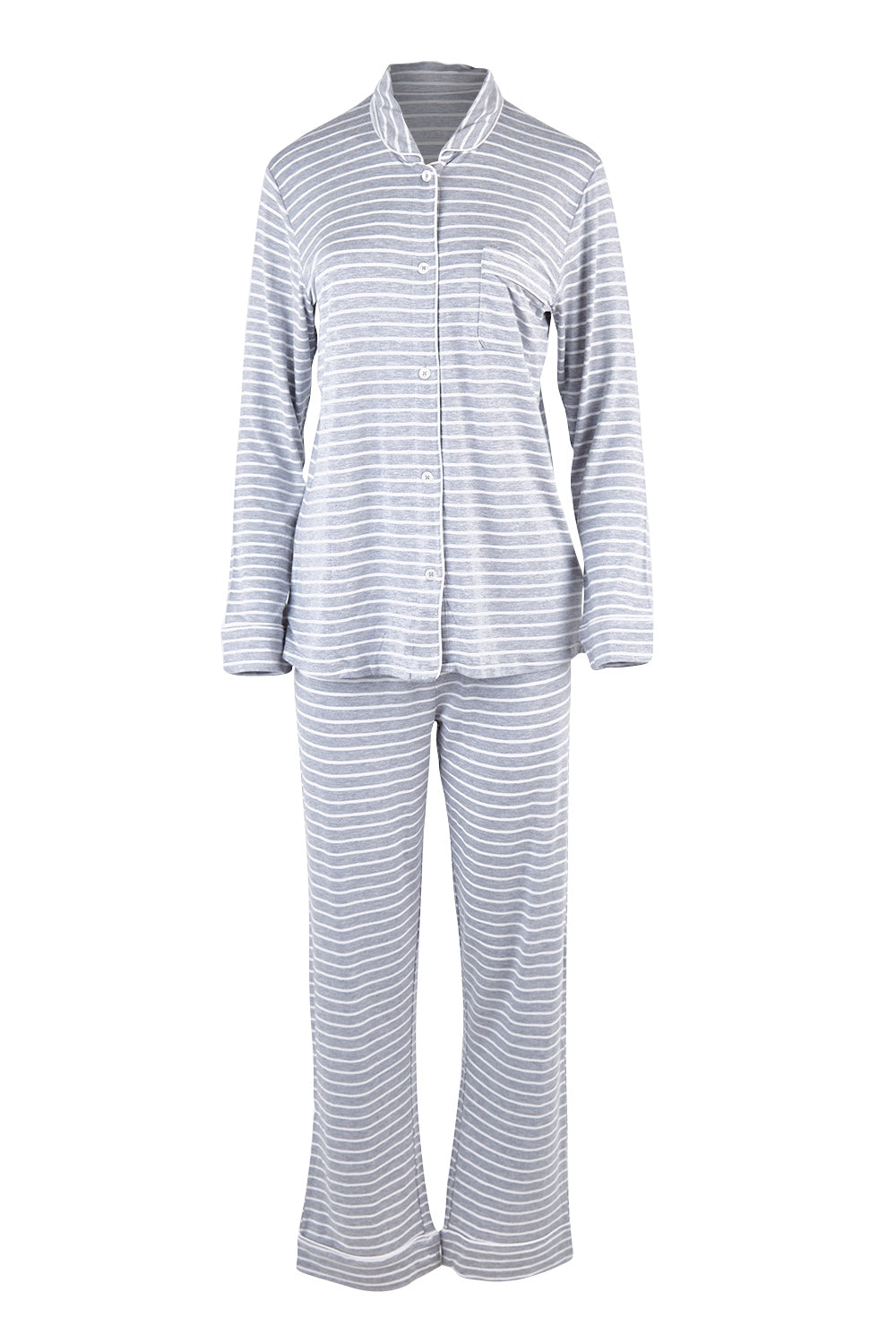 Product shot of the Modal Soft Kate PJ Set in colour Greystripe (Grey), from the front