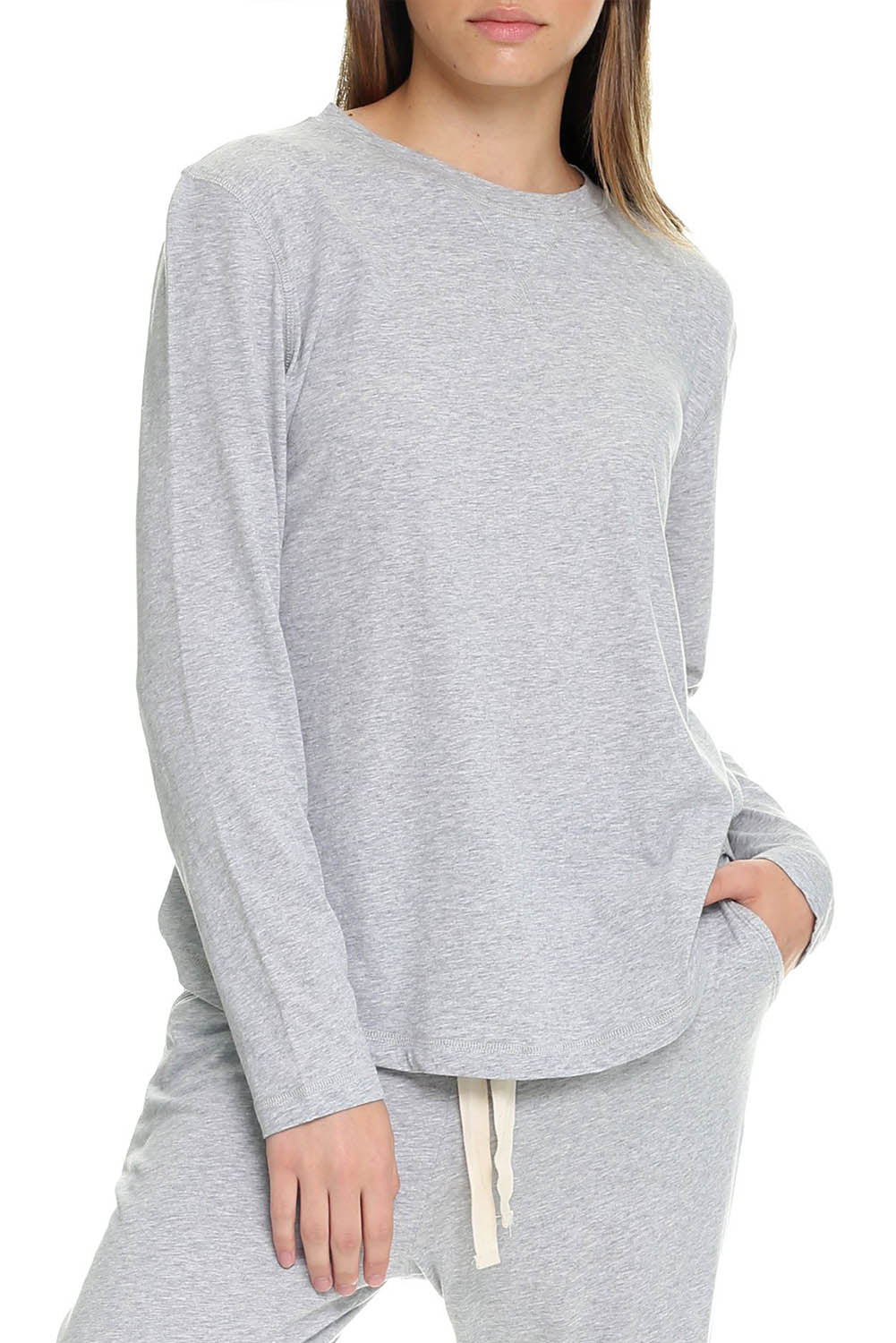 A model wearing the Organic Cotton Knit Long Sleeve Tee in colour Grey (Grey), from the front, cropped image