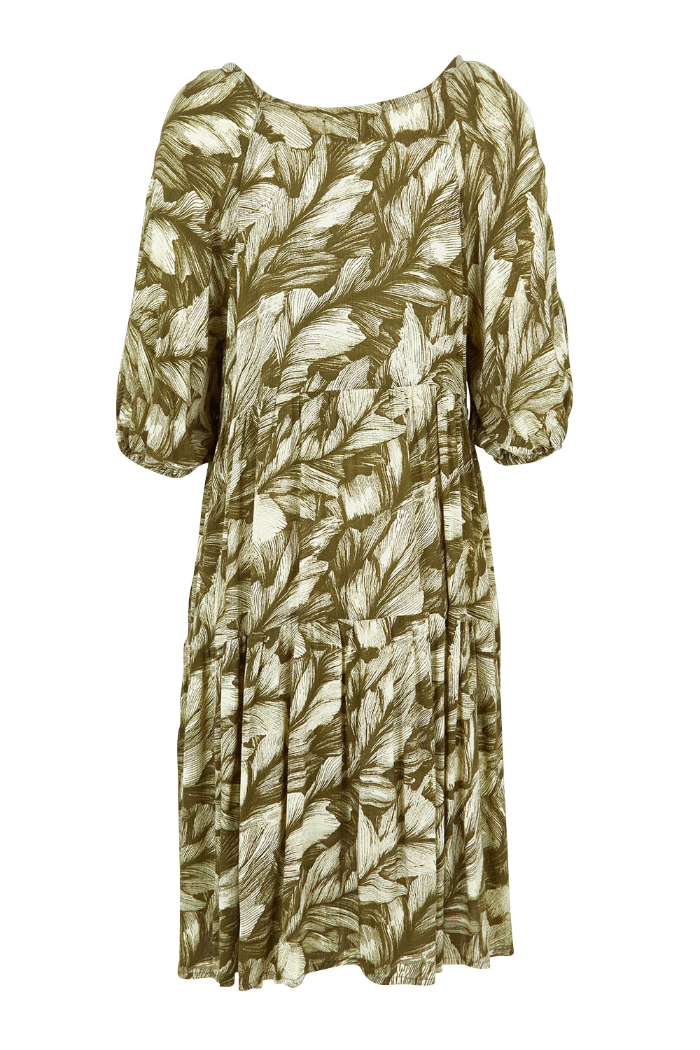 Product shot of the Crinkle Dress in colour Leaves (Green), from the back