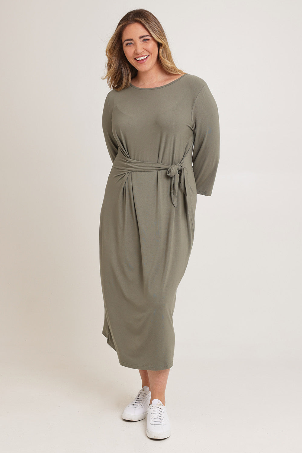 Model Chanel wearing size XL of the Mallory Bamboo Dress in colour Fern (Green), from the front, showing the whole outfit