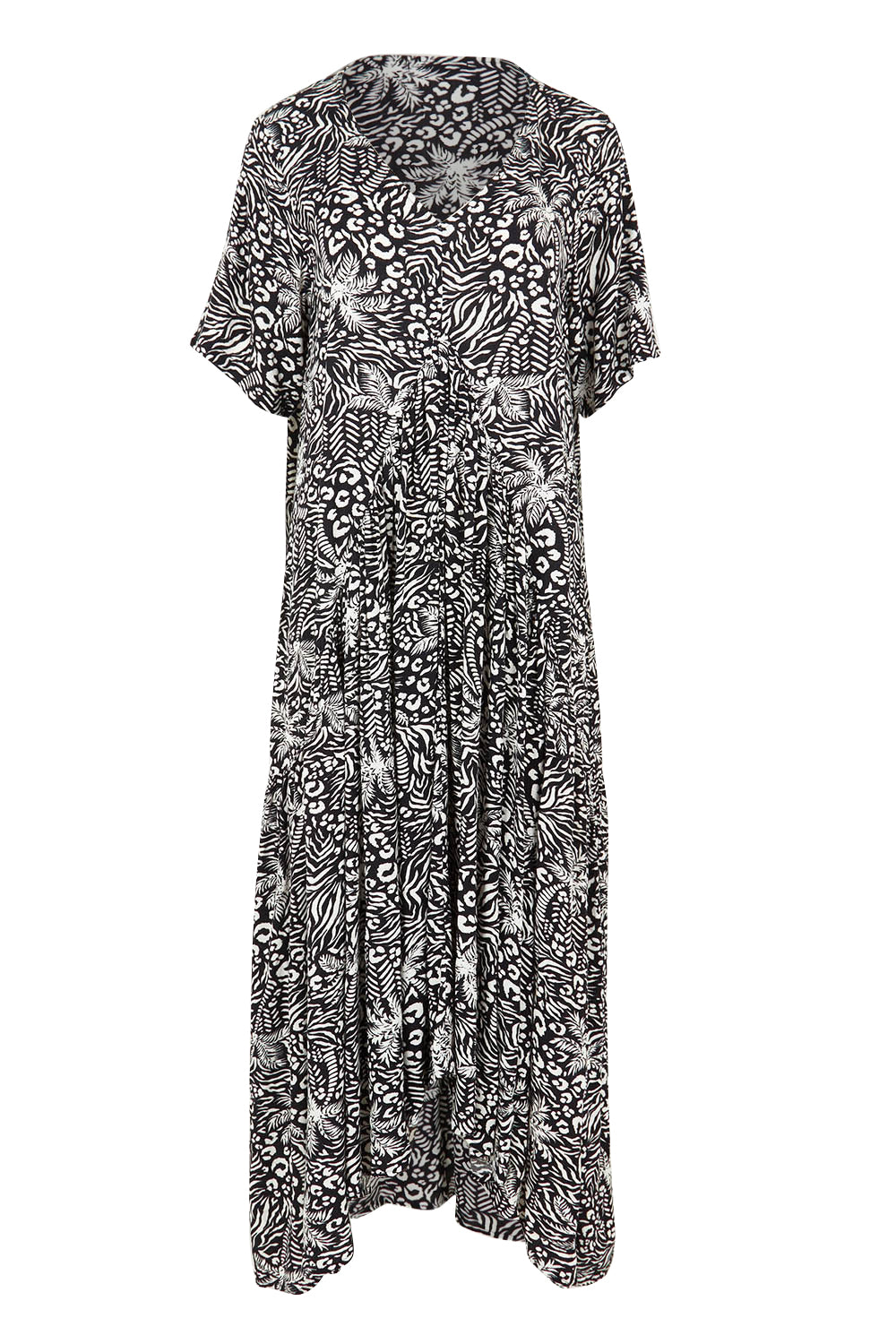 Product shot of the Peak Maxi Dress in colour Blkpalm (Black), from the front