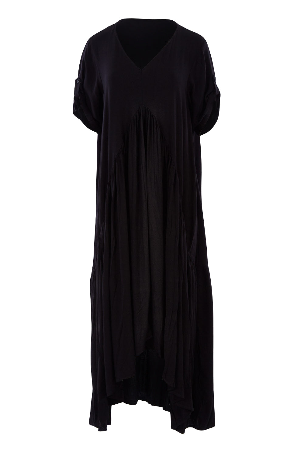 Product shot of the Short Sleeve Peak Maxi Dress in colour Black (Black), detail
