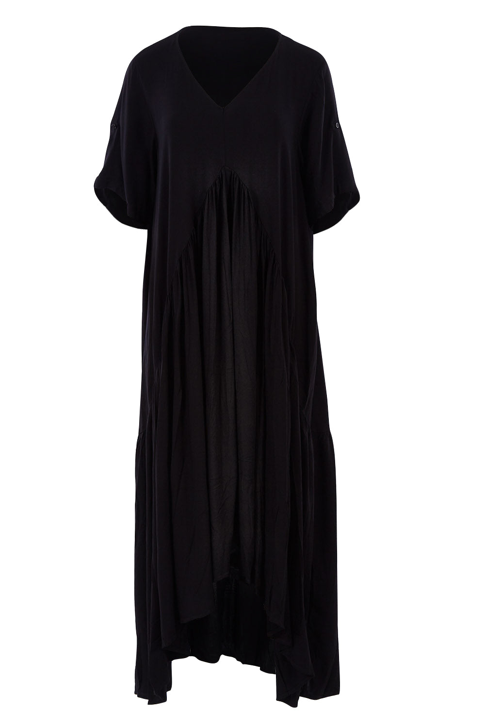 Product shot of the Short Sleeve Peak Maxi Dress in colour Black (Black), from the front
