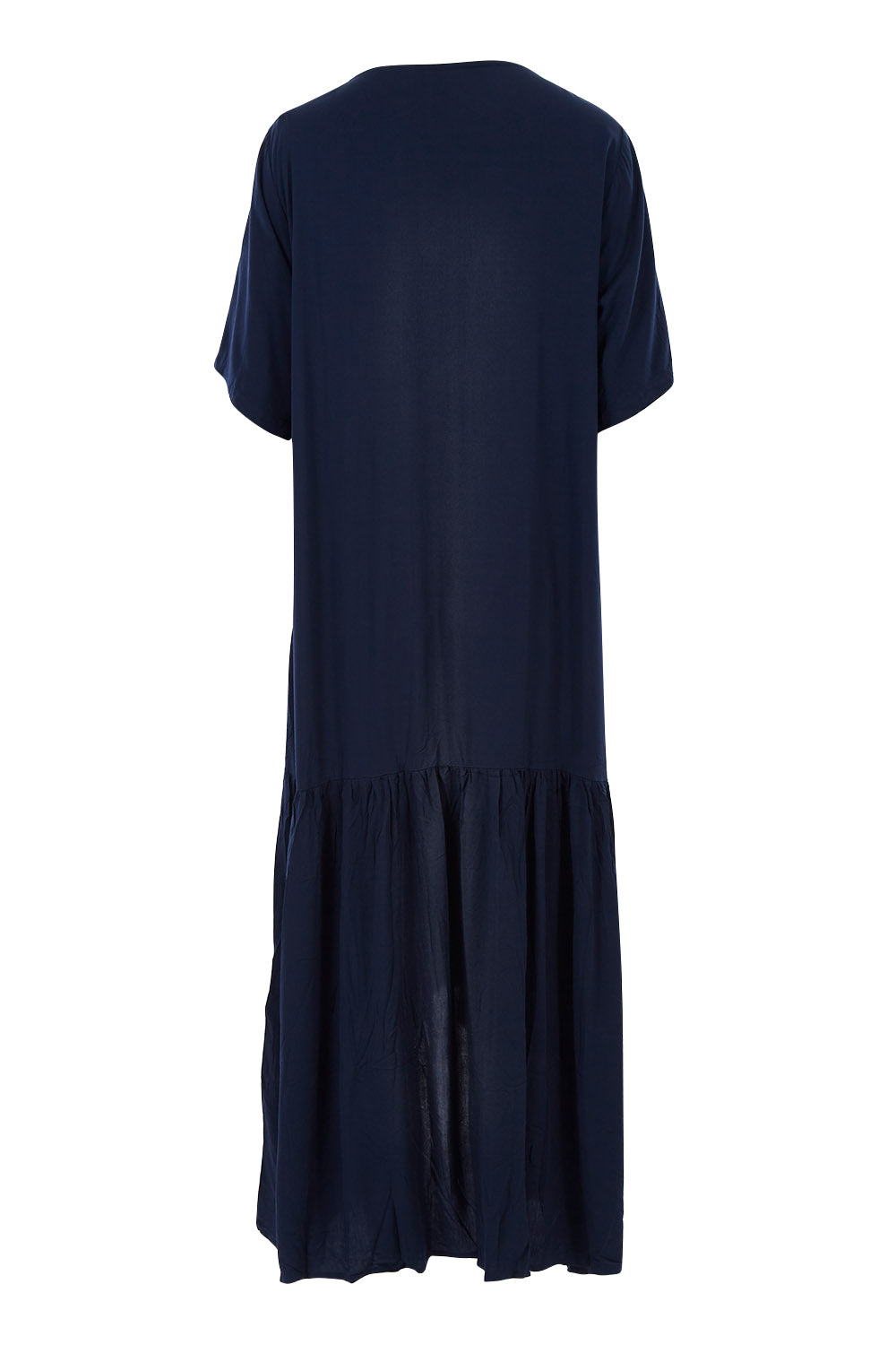 Product shot of the Short Sleeve Peak Maxi Dress in colour Navy (Blue), from the back