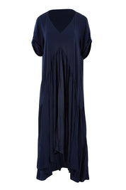Product shot of the Short Sleeve Peak Maxi Dress in colour Navy (Blue), detail