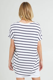 Model Grace wearing the Destiny Top in colour Stripe (White), from the back