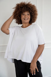 A model wearing the Nice Top in colour White (White), from the front, cropped image