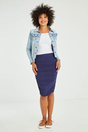Model Olivia wearing size S of the Denim Jacket in colour LightBlue (Blue), from the front, showing the whole outfit