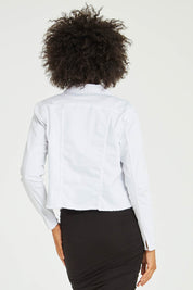 Model Olivia wearing size S of the Denim Jacket in colour White (White), from the back