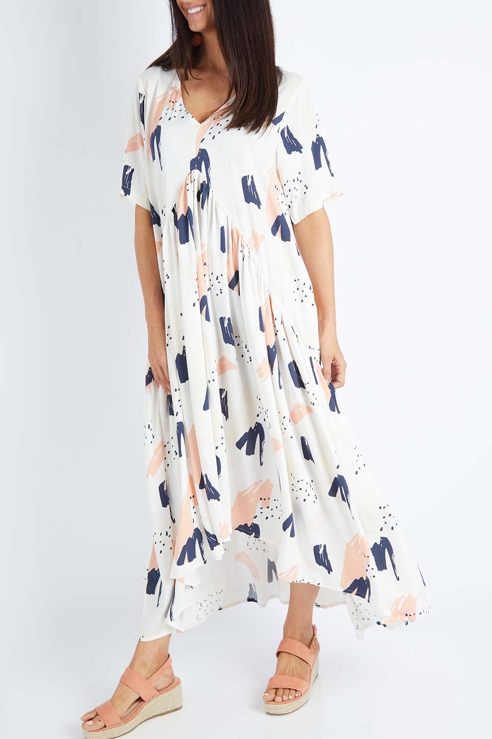 Model Gemma wearing the S/S Peak Maxi Dress in colour Peachbree (Blue), from the front, cropped image