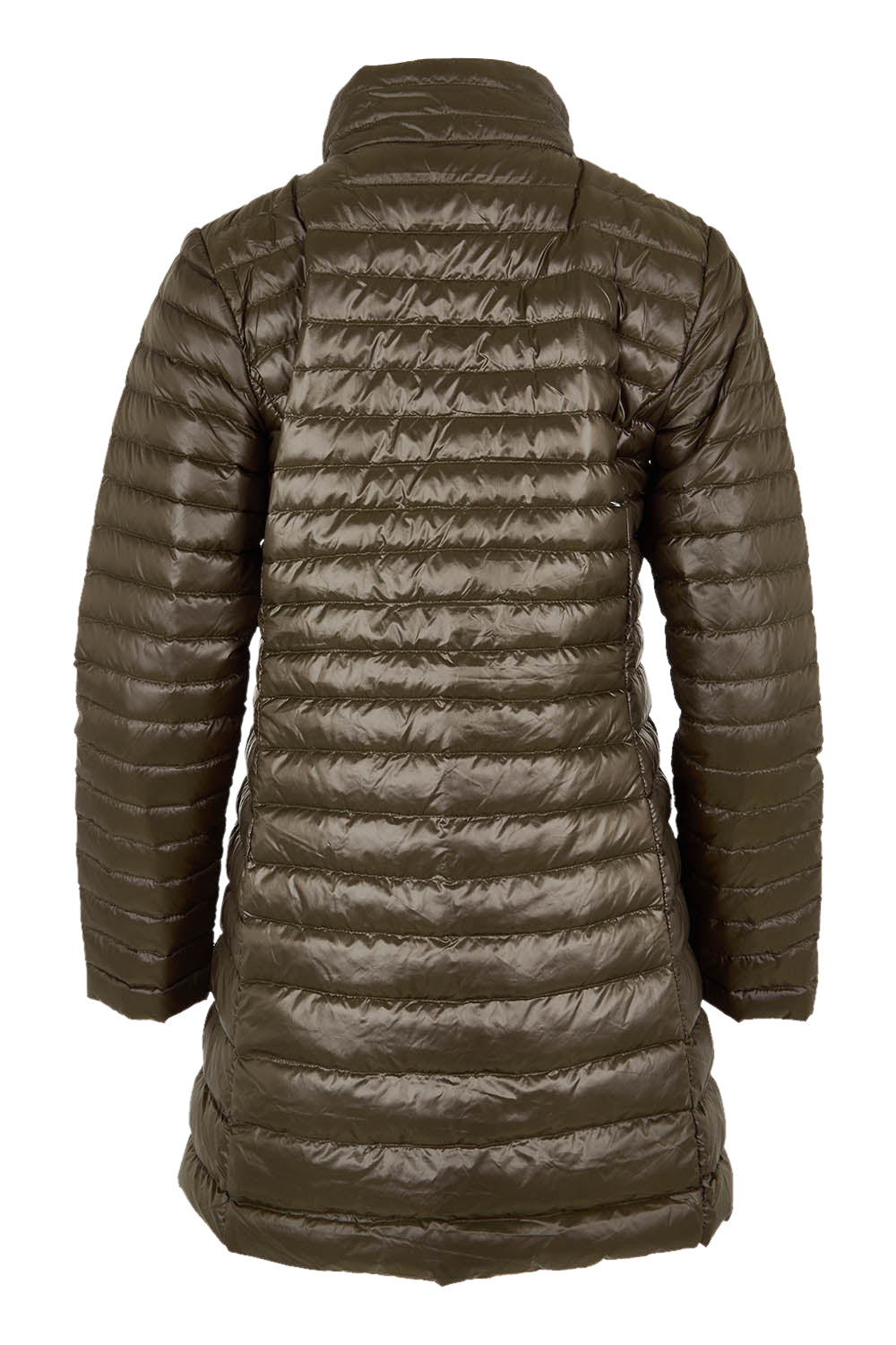 Product shot of the Funnel Neck Down Jacket in colour Khaki (Green), from the back