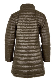 Product shot of the Funnel Neck Down Jacket in colour Khaki (Green), from the back