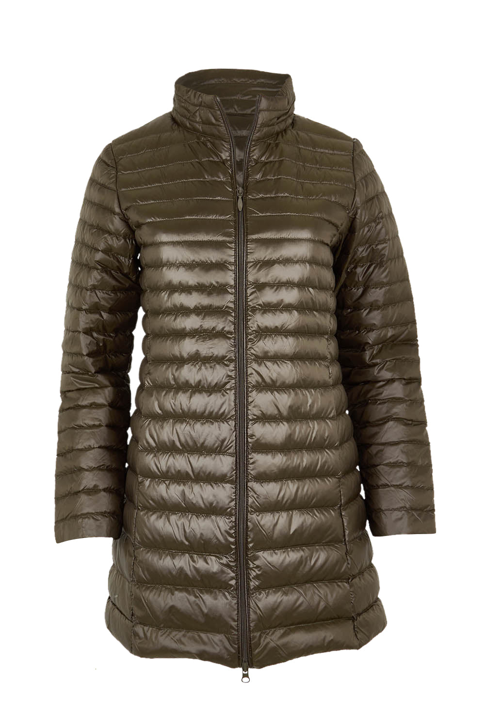 Product shot of the Funnel Neck Down Jacket in colour Khaki (Green), from the front