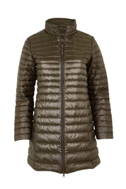Product shot of the Funnel Neck Down Jacket in colour Khaki (Green), from the front