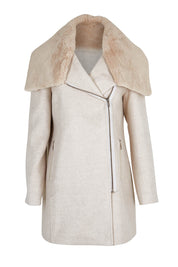 Product shot of the Fur Trim Zip Jacket in colour Oat (White), from the front