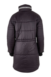 Product shot of the Long Line Funnel Neck Puffer in colour Black (Black), from the back