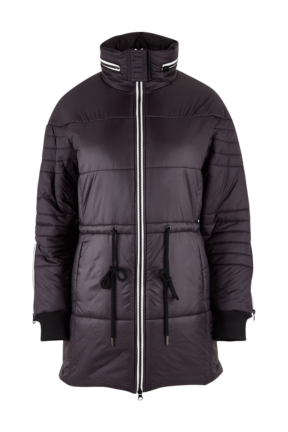 Product shot of the Long Line Funnel Neck Puffer in colour Black (Black), from the front