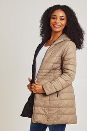 Model Ziara wearing size 10 of the 3/4 Reversible Down Jacket in colour Minkblk (Black), from the front, cropped image