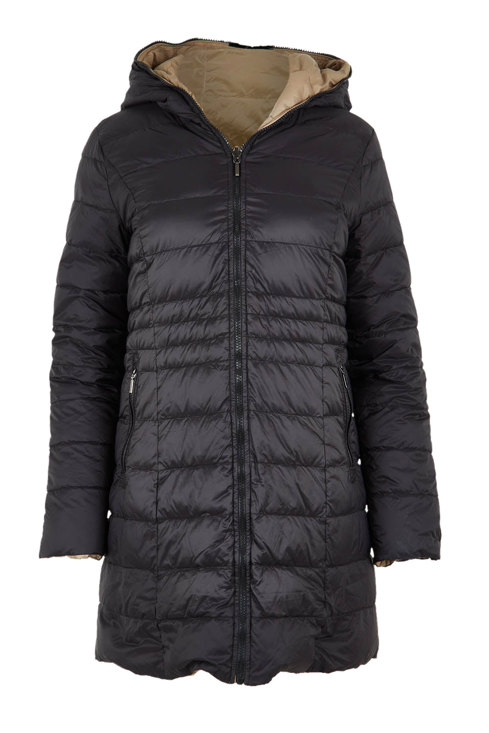 Product shot of the 3/4 Reversible Down Jacket in colour Minkblk (Black), from the front
