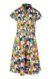 Product shot of the Kelly Dress in colour Houses (Blue), from the front