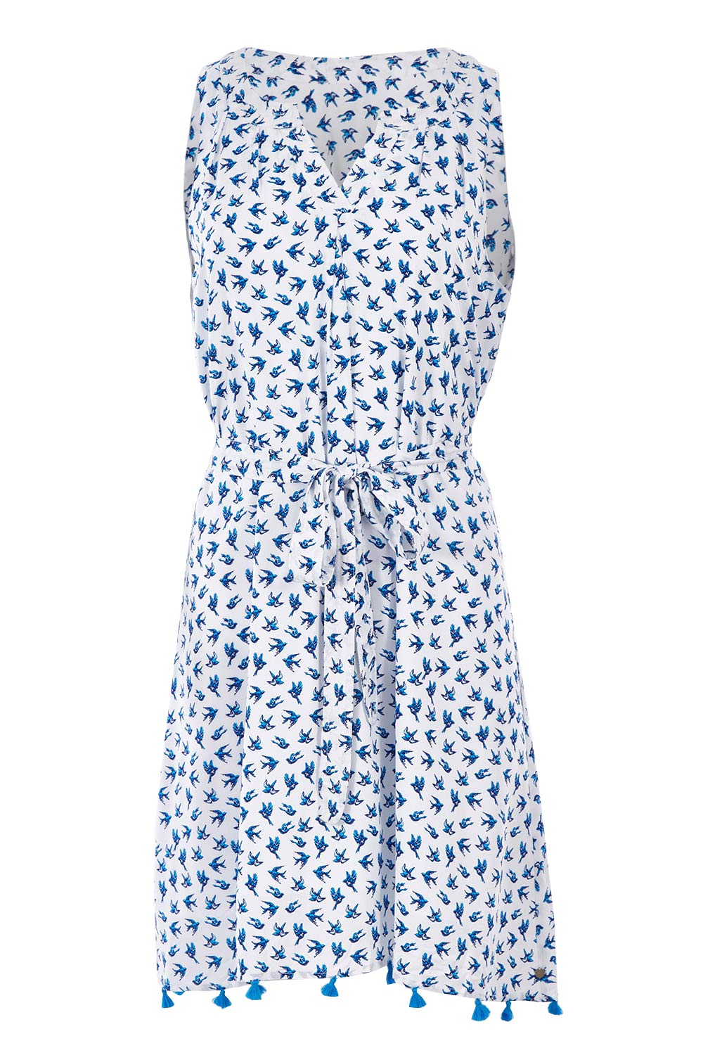 Product shot of the Aline Belted Dress in colour Bluewhite (Blue), from the front