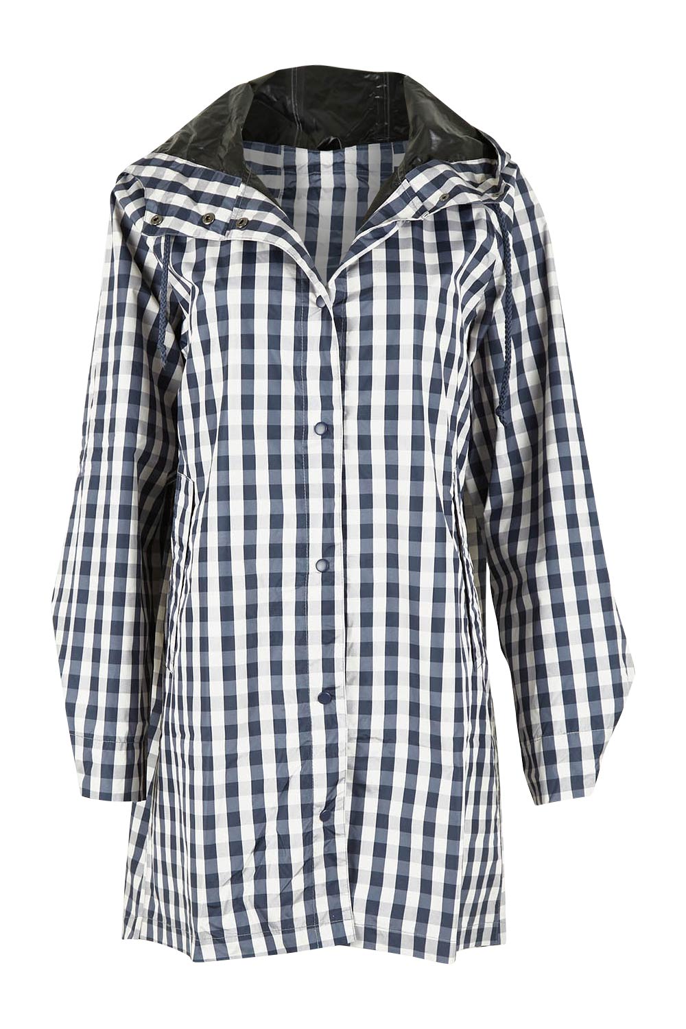 Product shot of the Rosie Raincoat in colour Navychequ (Blue), from the front