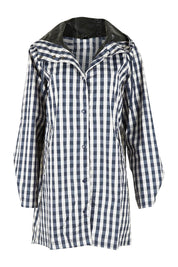 Product shot of the Rosie Raincoat in colour Navychequ (Blue), from the front