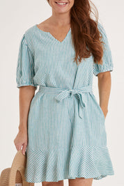 Model Sally wearing size 10 of the Birdie Dress in colour Tealstripe (Green), from the front, cropped image