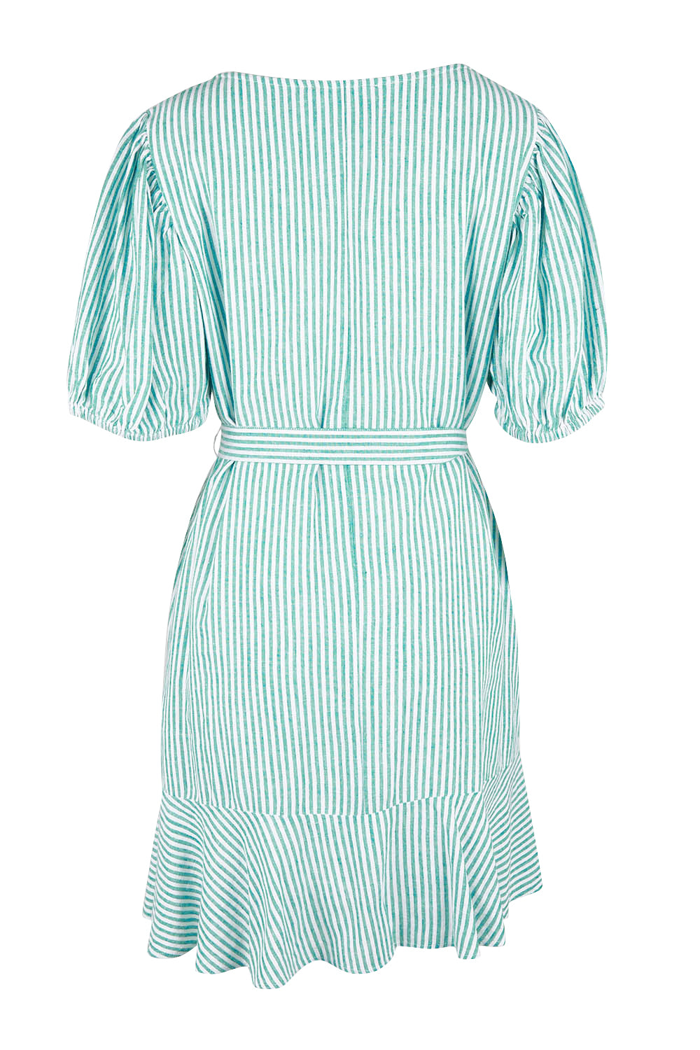 Product shot of the Birdie Dress in colour Tealstripe (Green), from the back
