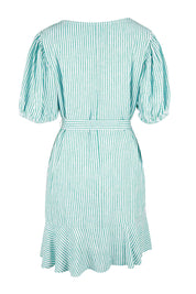Product shot of the Birdie Dress in colour Tealstripe (Green), from the back
